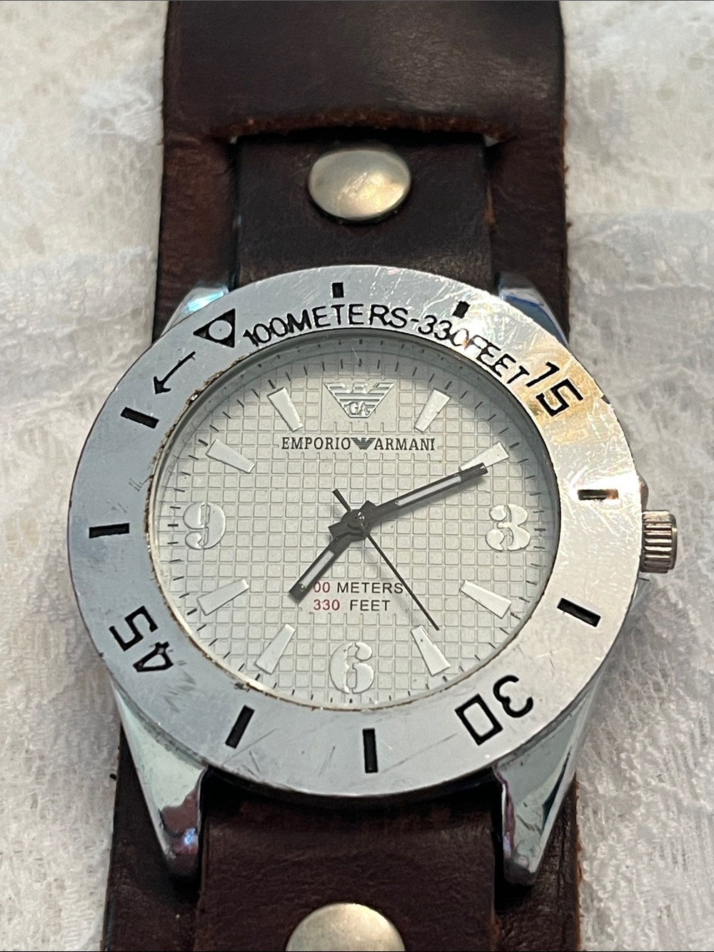 Emporio Armani Silver Dial Watch with Brown Leather Strap